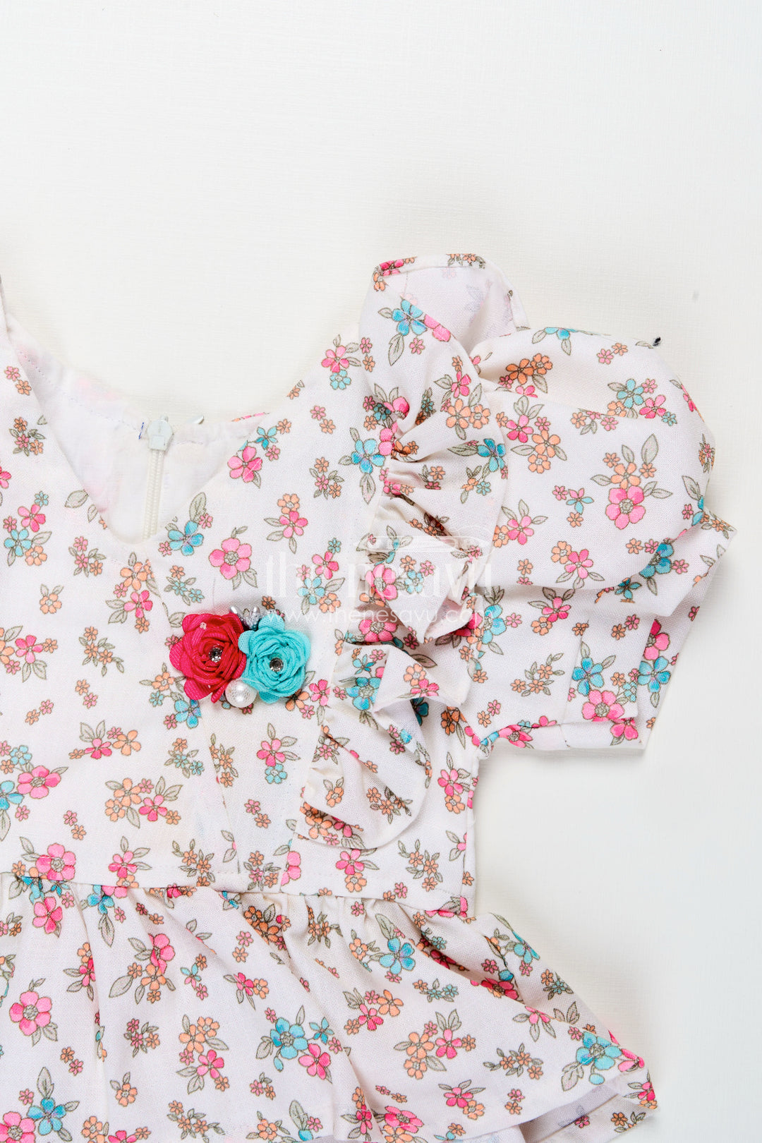 Infant Clothing Online White Floral Kora Cotton Top with Ruffle Sleeves and Pink Shorts Set
