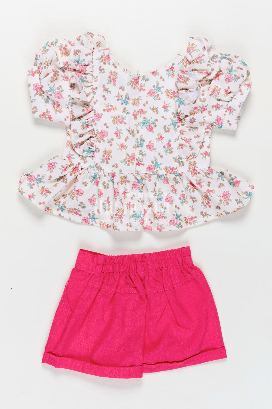 Infant Clothing Online White Floral Kora Cotton Top with Ruffle Sleeves and Pink Shorts Set