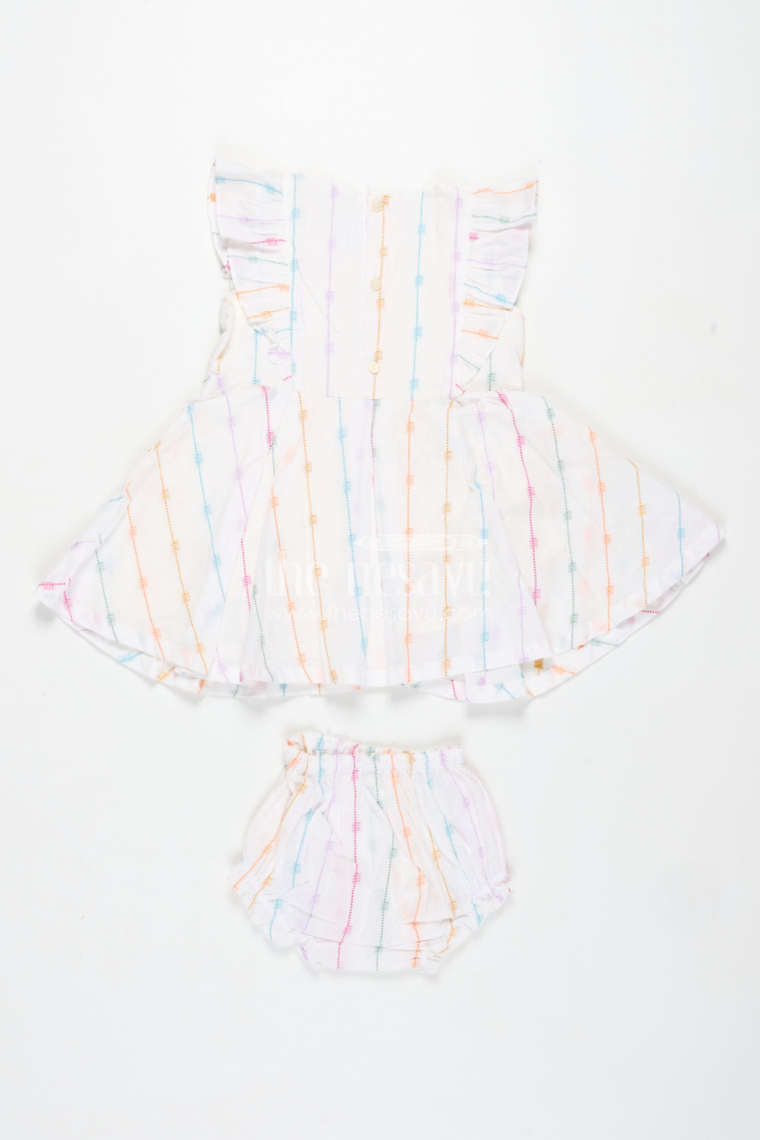 Chhoti Bacchi Ka Frock in Soft Cotton with Multicolour Stripes and Matching Bloomers for Daily Comfort