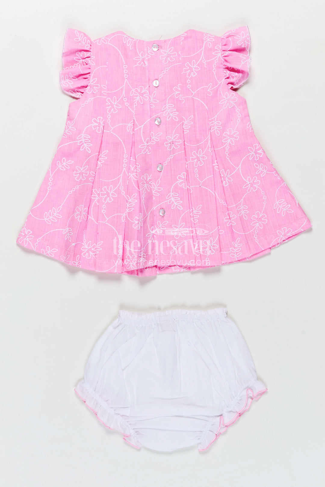 Pink Newborn Outfit for Infants with Thread Embroidery and Matching Bloomers in Soft Cotton