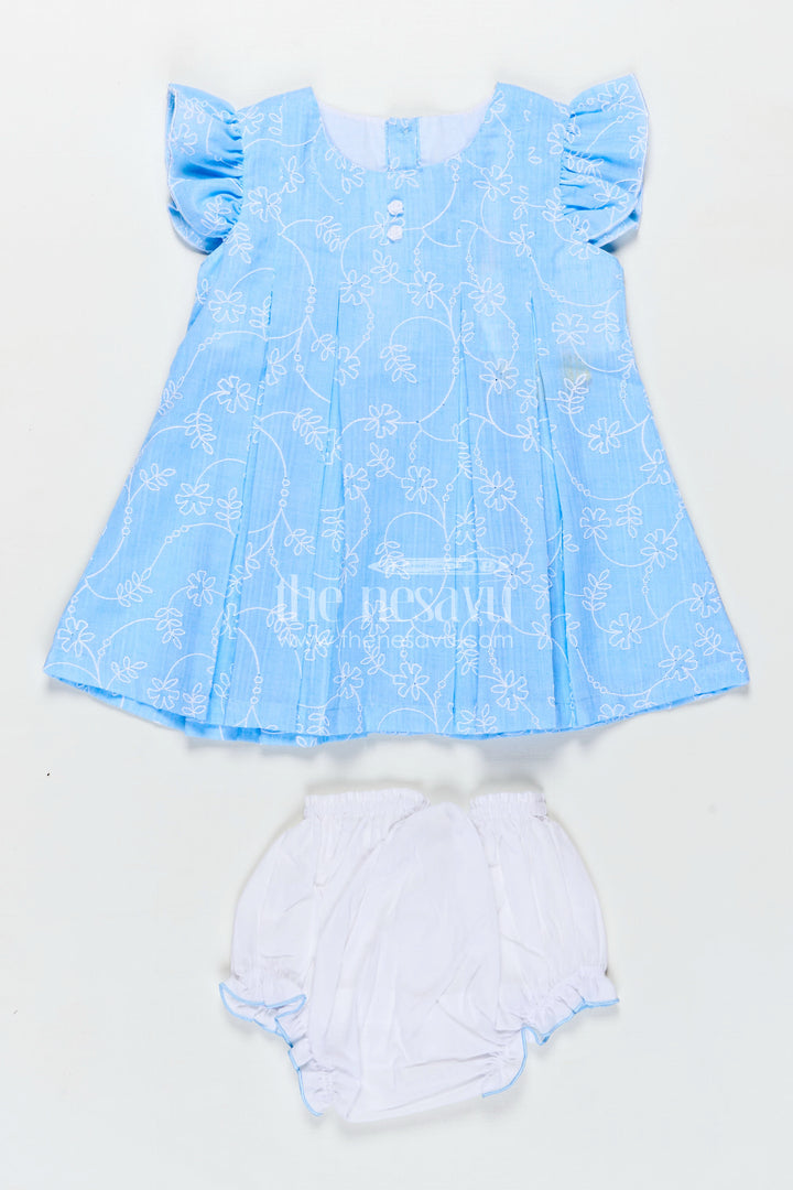 Breathable Everyday Wear for Baby in Blue Cotton with Embroidered Floral Detailing and Bloomers