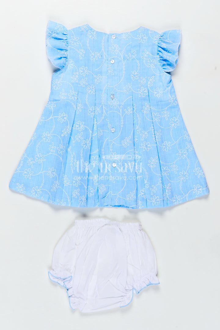 Breathable Everyday Wear for Baby in Blue Cotton with Embroidered Floral Detailing and Bloomers
