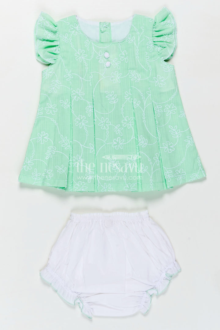 Light Pink Frocks for Babies in Green Embroidered Cotton with Frilled Sleeves and Matching Bloomers