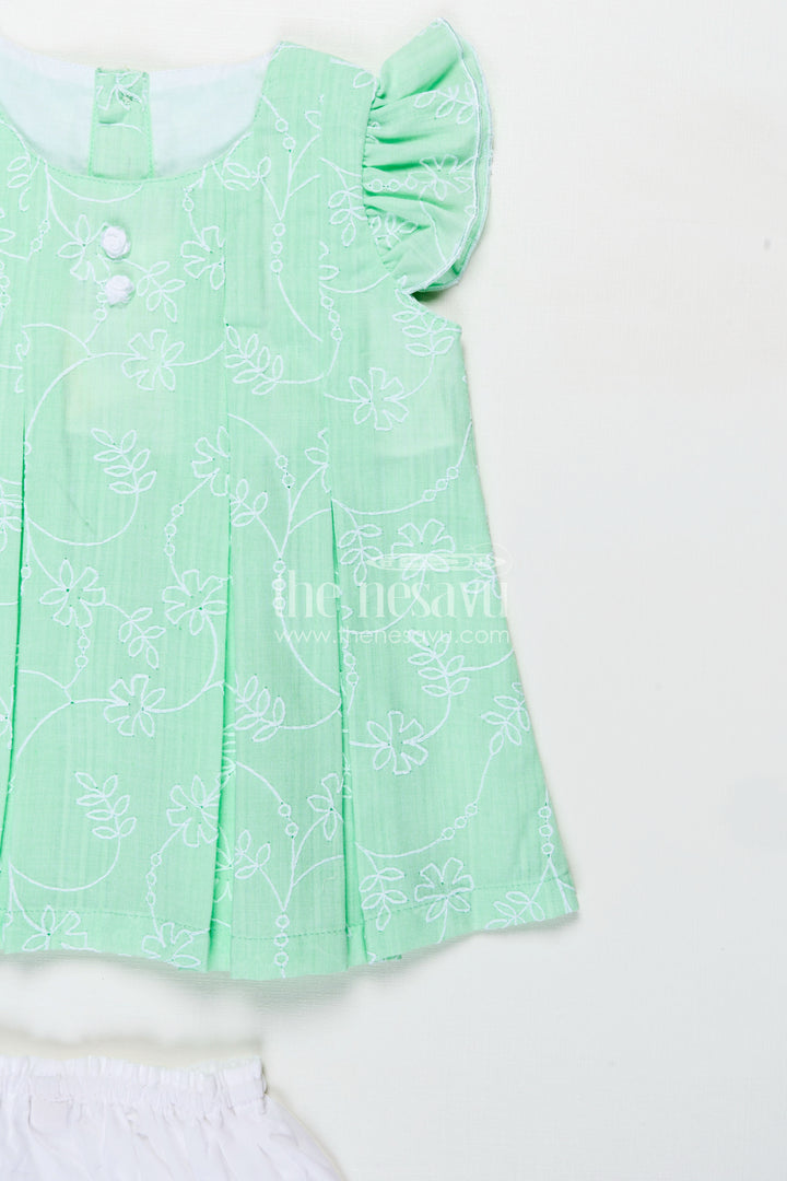 Light Pink Frocks for Babies in Green Embroidered Cotton with Frilled Sleeves and Matching Bloomers