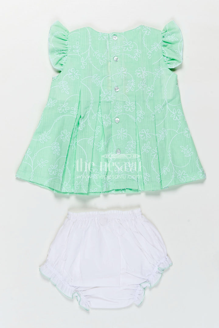 Light Pink Frocks for Babies in Green Embroidered Cotton with Frilled Sleeves and Matching Bloomers