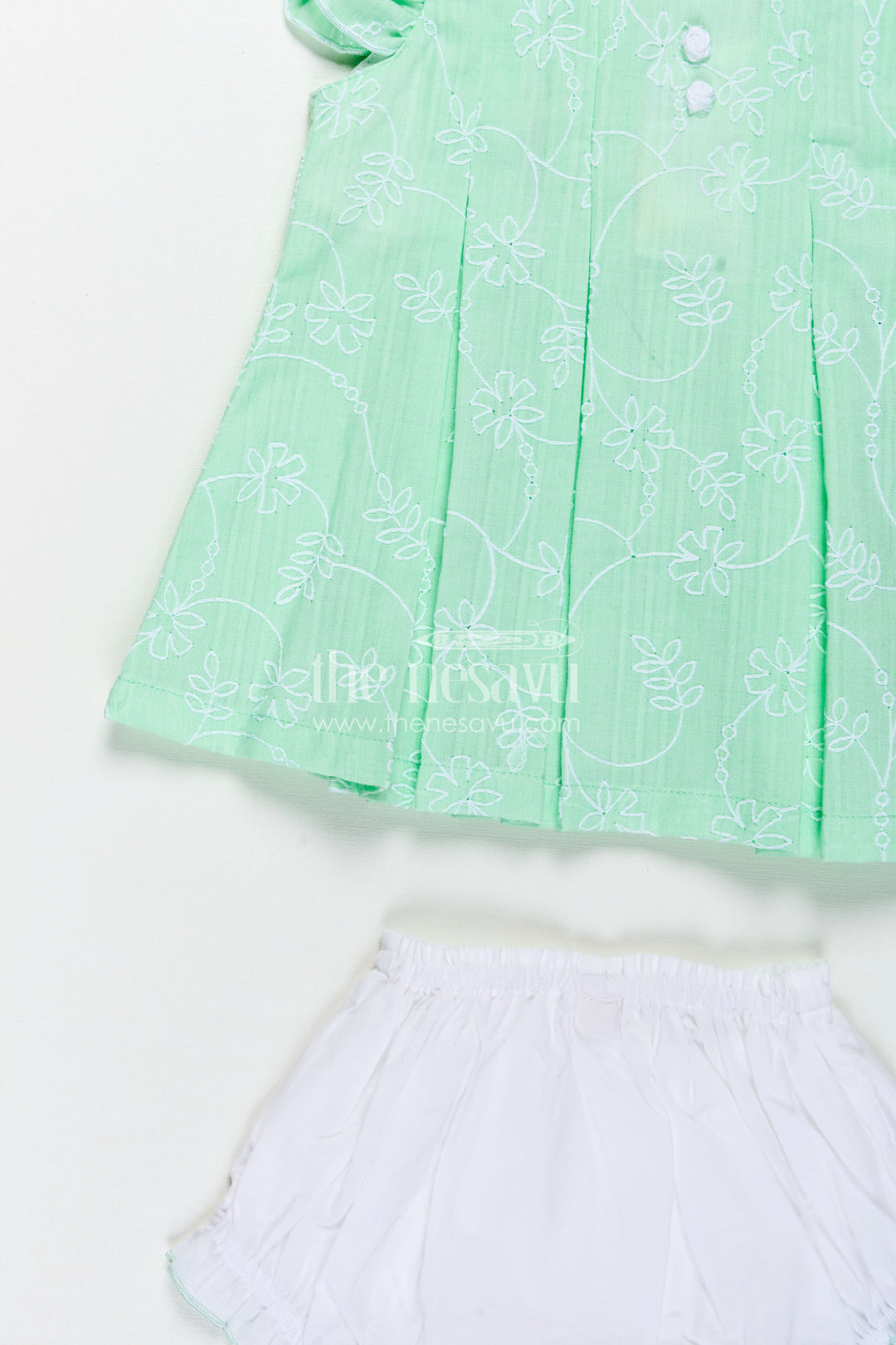 Light Pink Frocks for Babies in Green Embroidered Cotton with Frilled Sleeves and Matching Bloomers