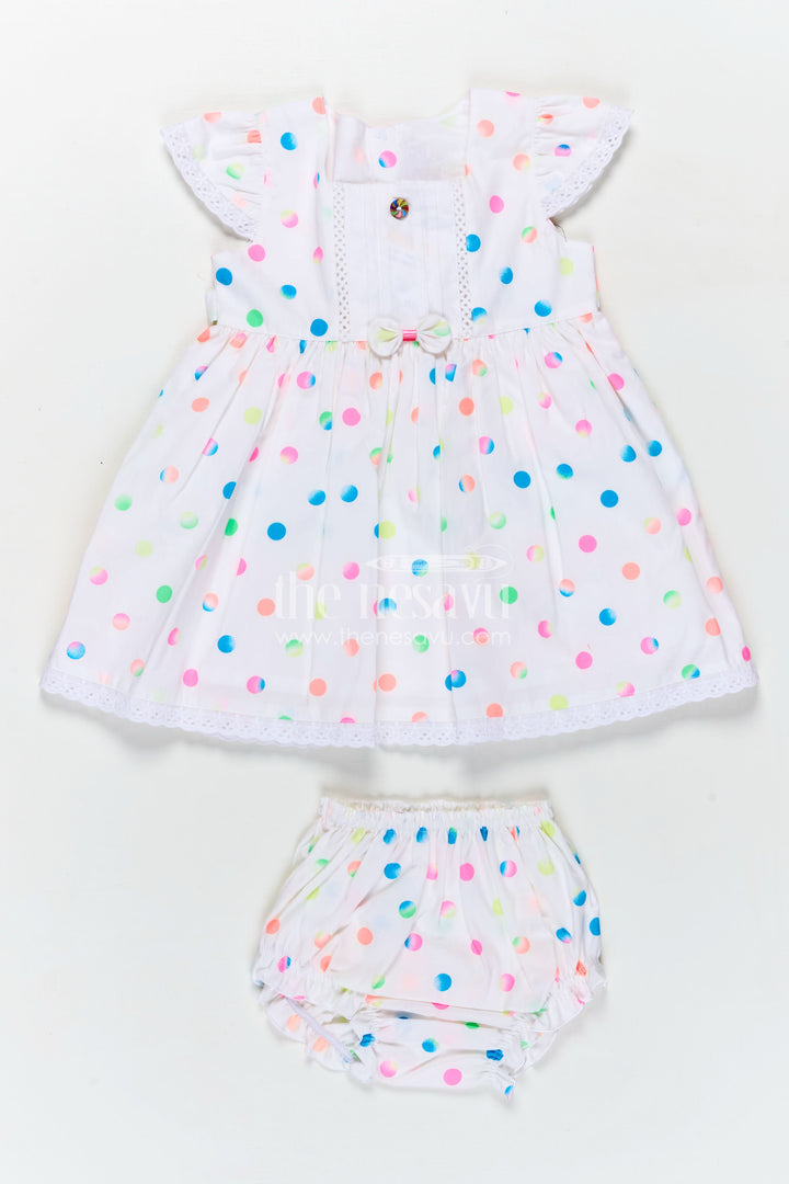 White Newborn Clothes in Cotton with Neon Polka Dot Print and Frilly Sleeves for Baby Girls