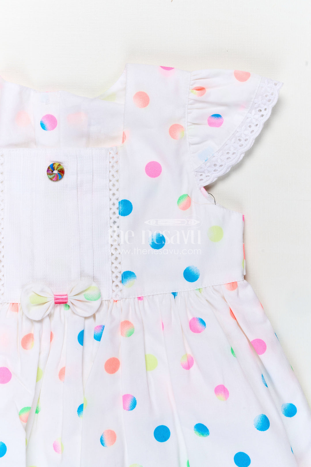 White Newborn Clothes in Cotton with Neon Polka Dot Print and Frilly Sleeves for Baby Girls
