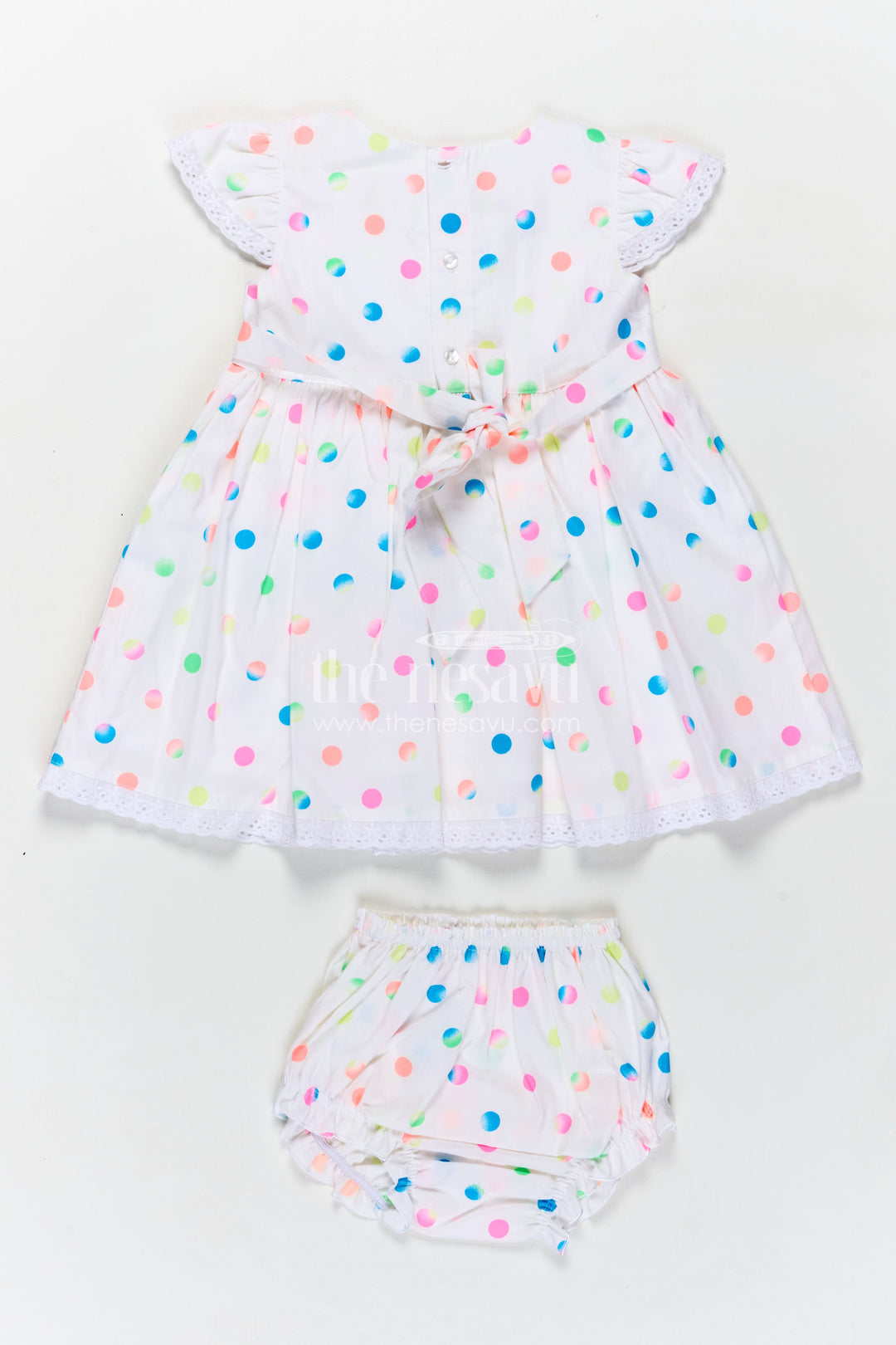 White Newborn Clothes in Cotton with Neon Polka Dot Print and Frilly Sleeves for Baby Girls