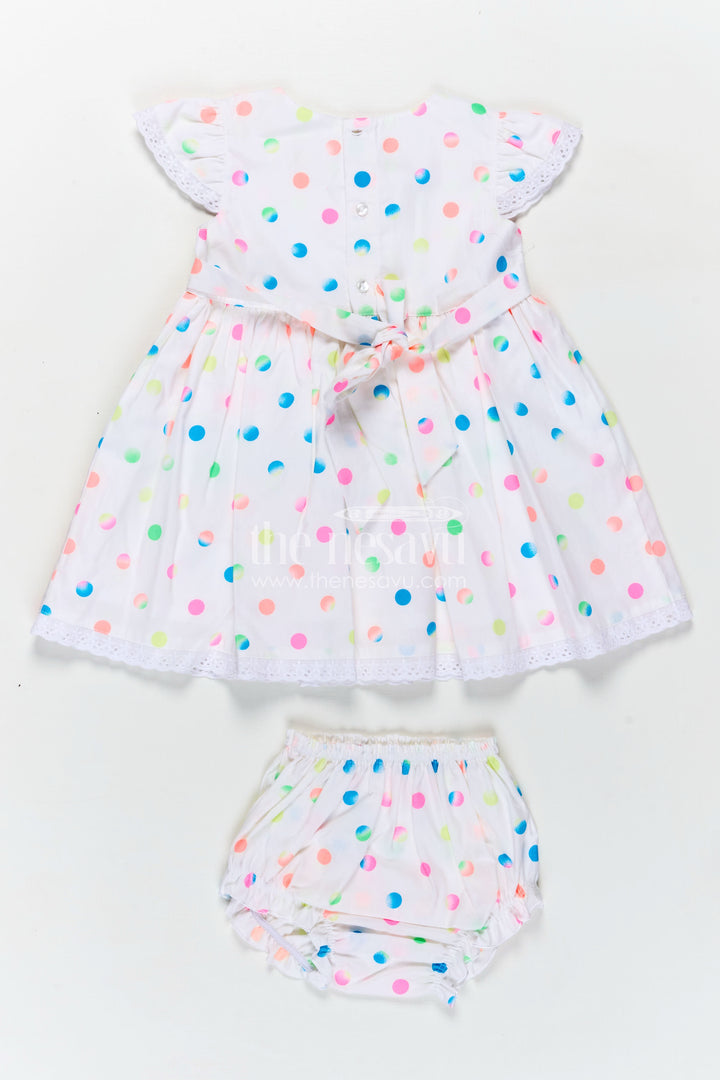 White Newborn Clothes in Cotton with Neon Polka Dot Print and Frilly Sleeves for Baby Girls
