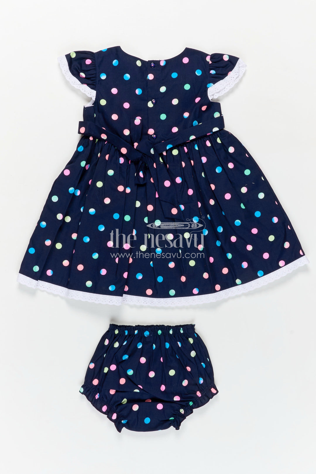 Newborn Black Dress with Polka Dot Digital Print and Lace Trimmed Sleeves for Baby Girls