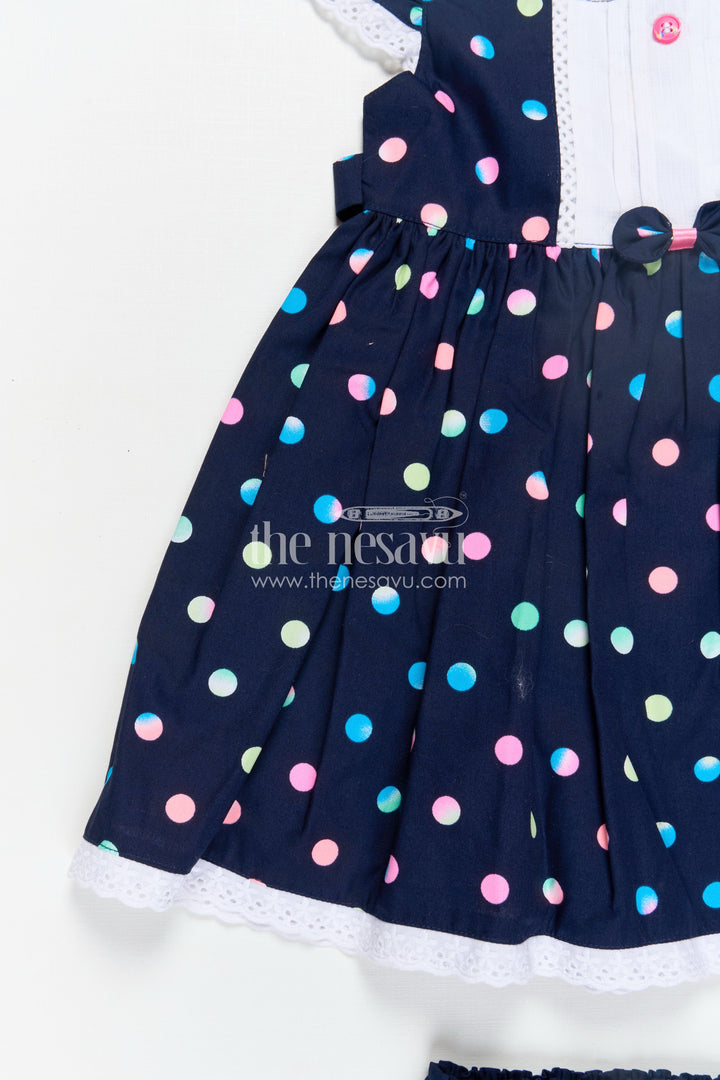 Newborn Black Dress with Polka Dot Digital Print and Lace Trimmed Sleeves for Baby Girls