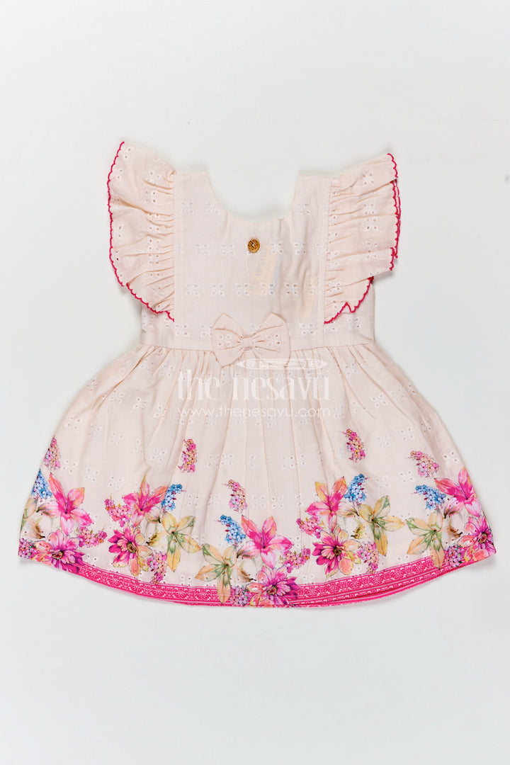 Baby Girl Frock with Flutter Sleeves and Bow in Floral Printed Hakoba Cotton for Everyday Comfort