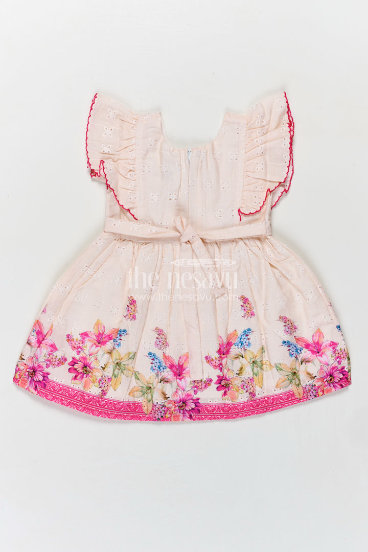 Baby Girl Frock with Flutter Sleeves and Bow in Floral Printed Hakoba Cotton for Everyday Comfort