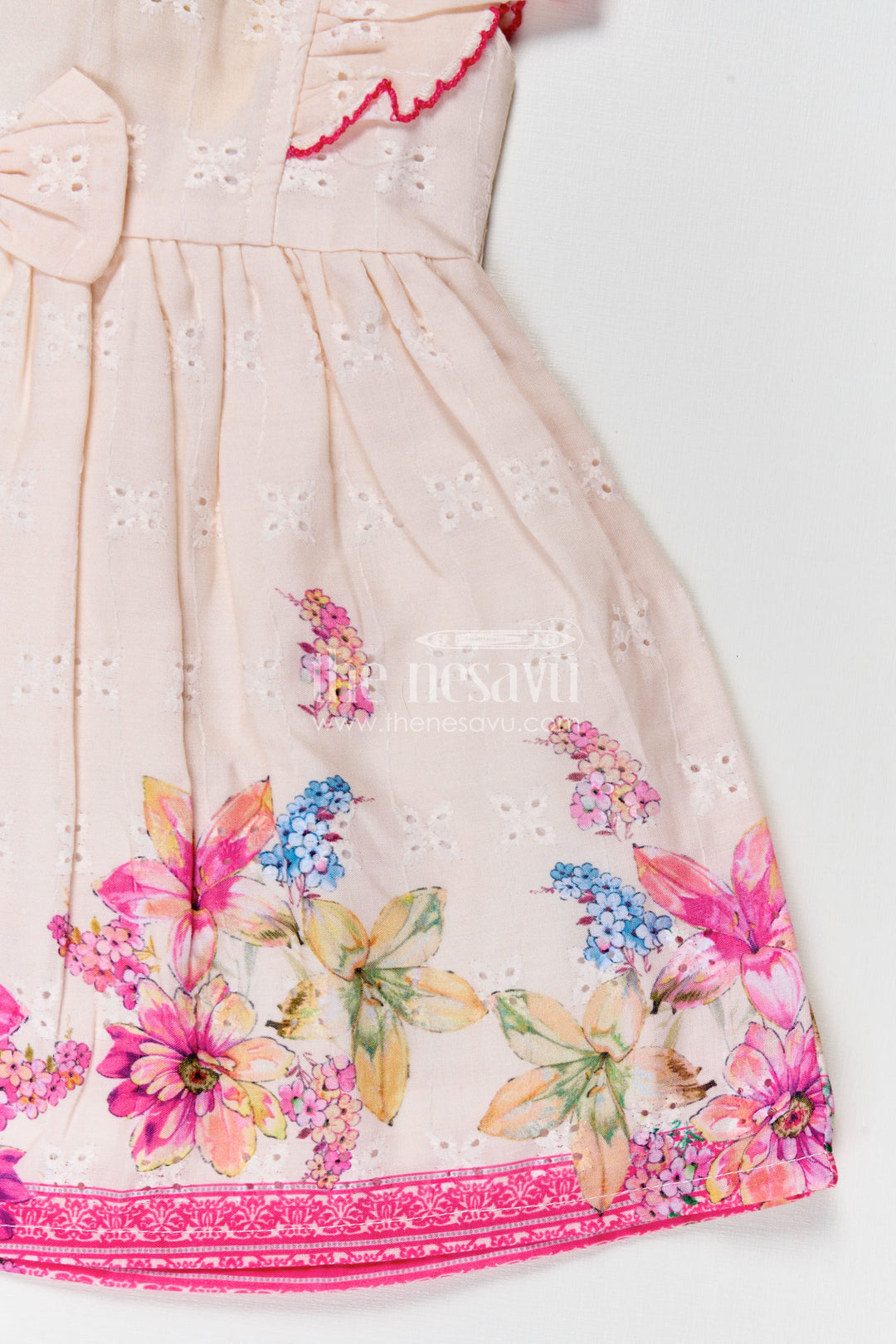 Baby Girl Frock with Flutter Sleeves and Bow in Floral Printed Hakoba Cotton for Everyday Comfort