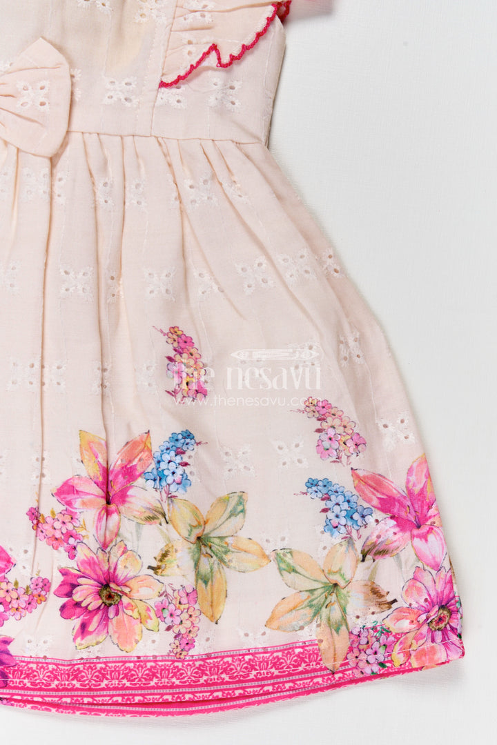 Baby Girl Frock with Flutter Sleeves and Bow in Floral Printed Hakoba Cotton for Everyday Comfort