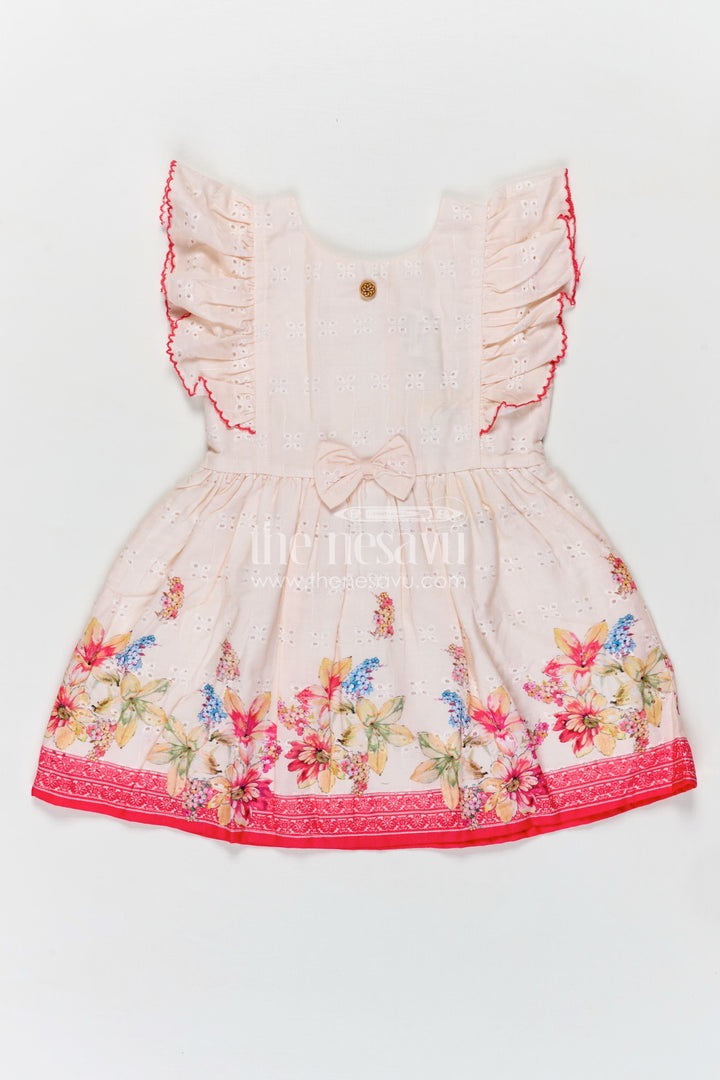Soft Cotton Summer Dress for Infant Girls in Cream Hakoba with Pink Floral Print and Bow Detail