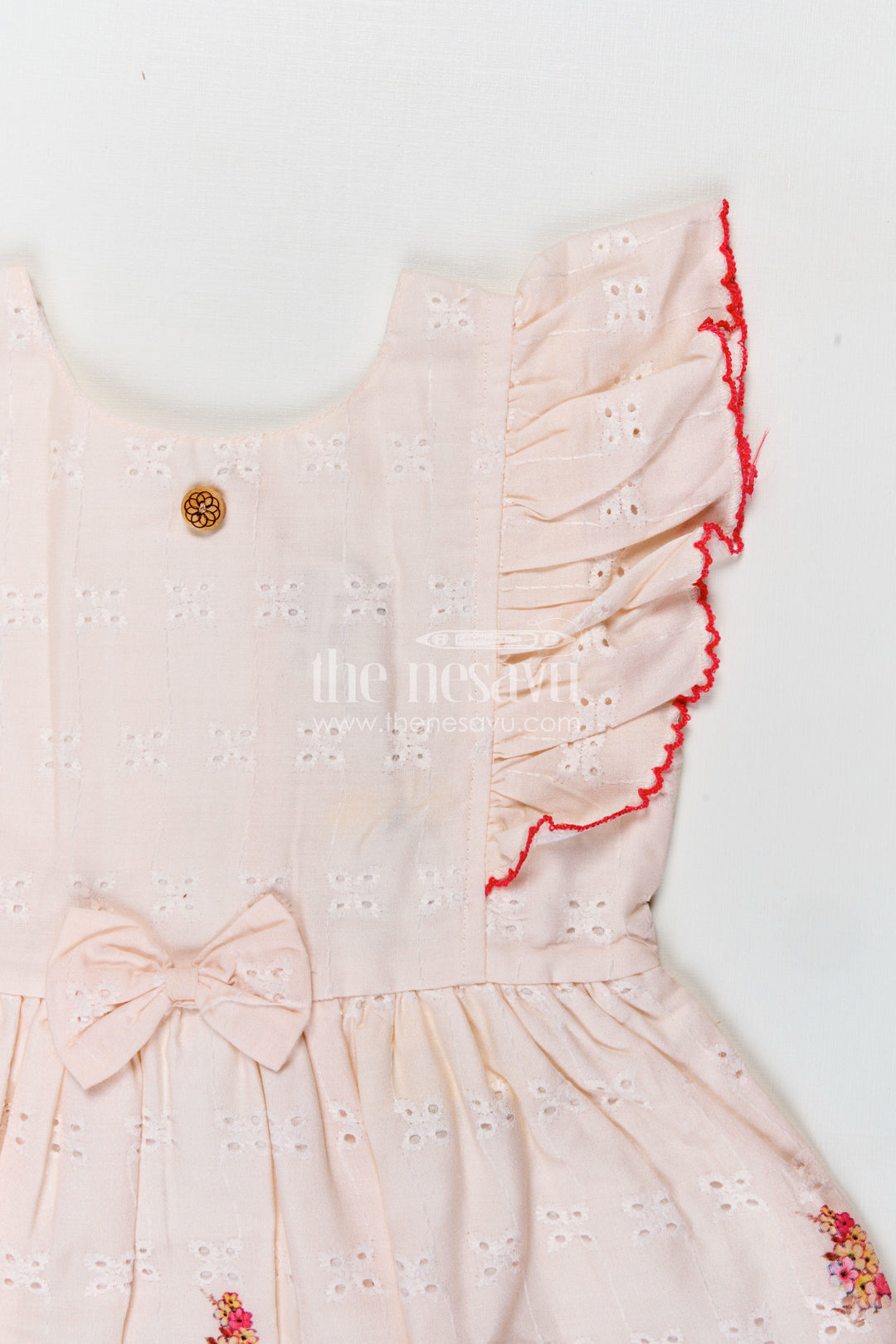 Soft Cotton Summer Dress for Infant Girls in Cream Hakoba with Pink Floral Print and Bow Detail