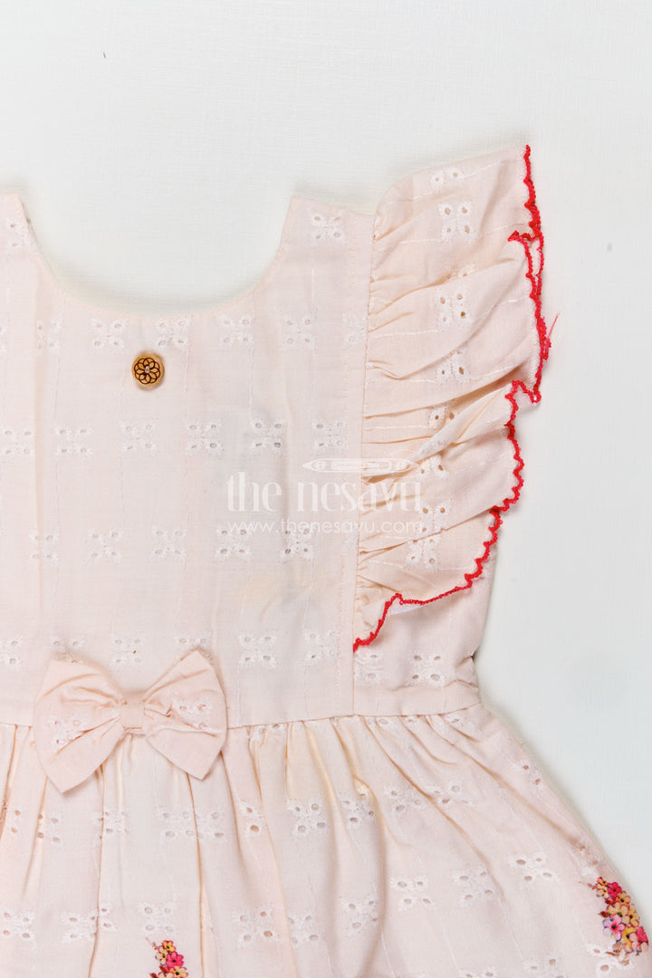 Soft Cotton Summer Dress for Infant Girls in Cream Hakoba with Pink Floral Print and Bow Detail