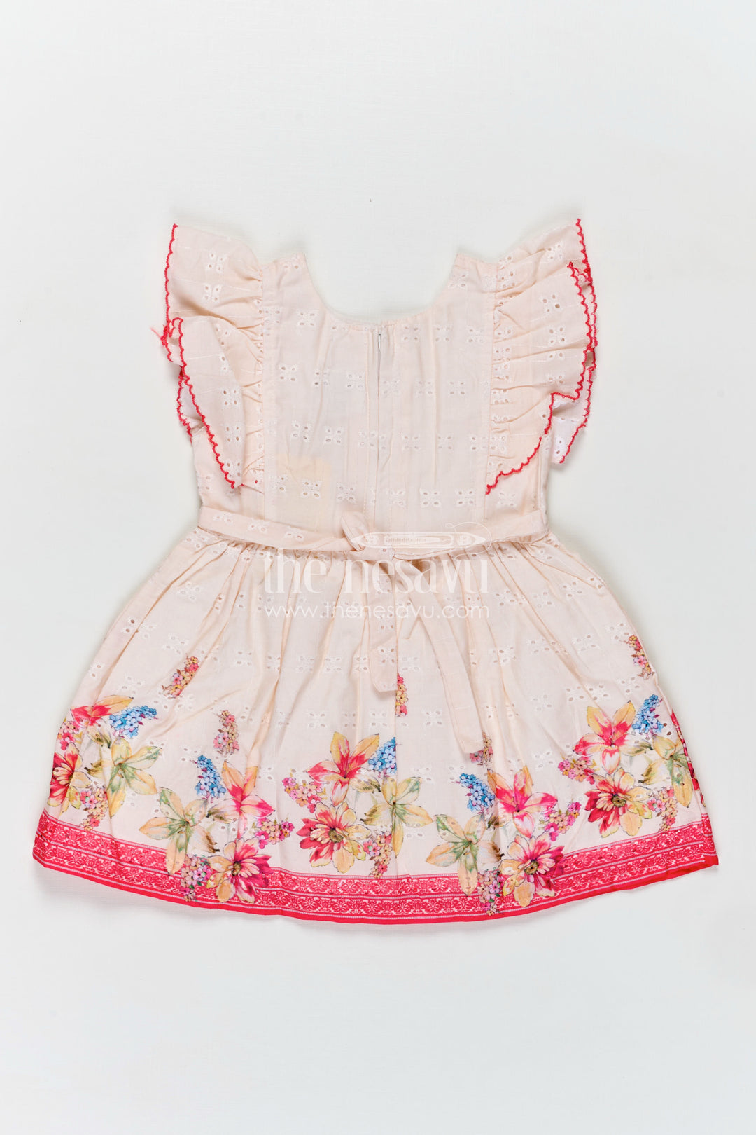Soft Cotton Summer Dress for Infant Girls in Cream Hakoba with Pink Floral Print and Bow Detail