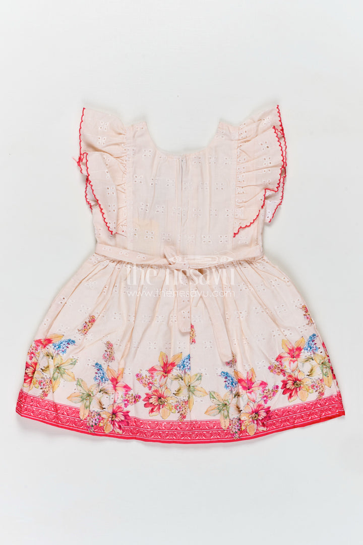 Soft Cotton Summer Dress for Infant Girls in Cream Hakoba with Pink Floral Print and Bow Detail