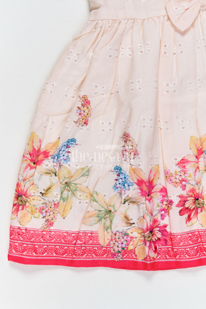 Soft Cotton Summer Dress for Infant Girls in Cream Hakoba with Pink Floral Print and Bow Detail