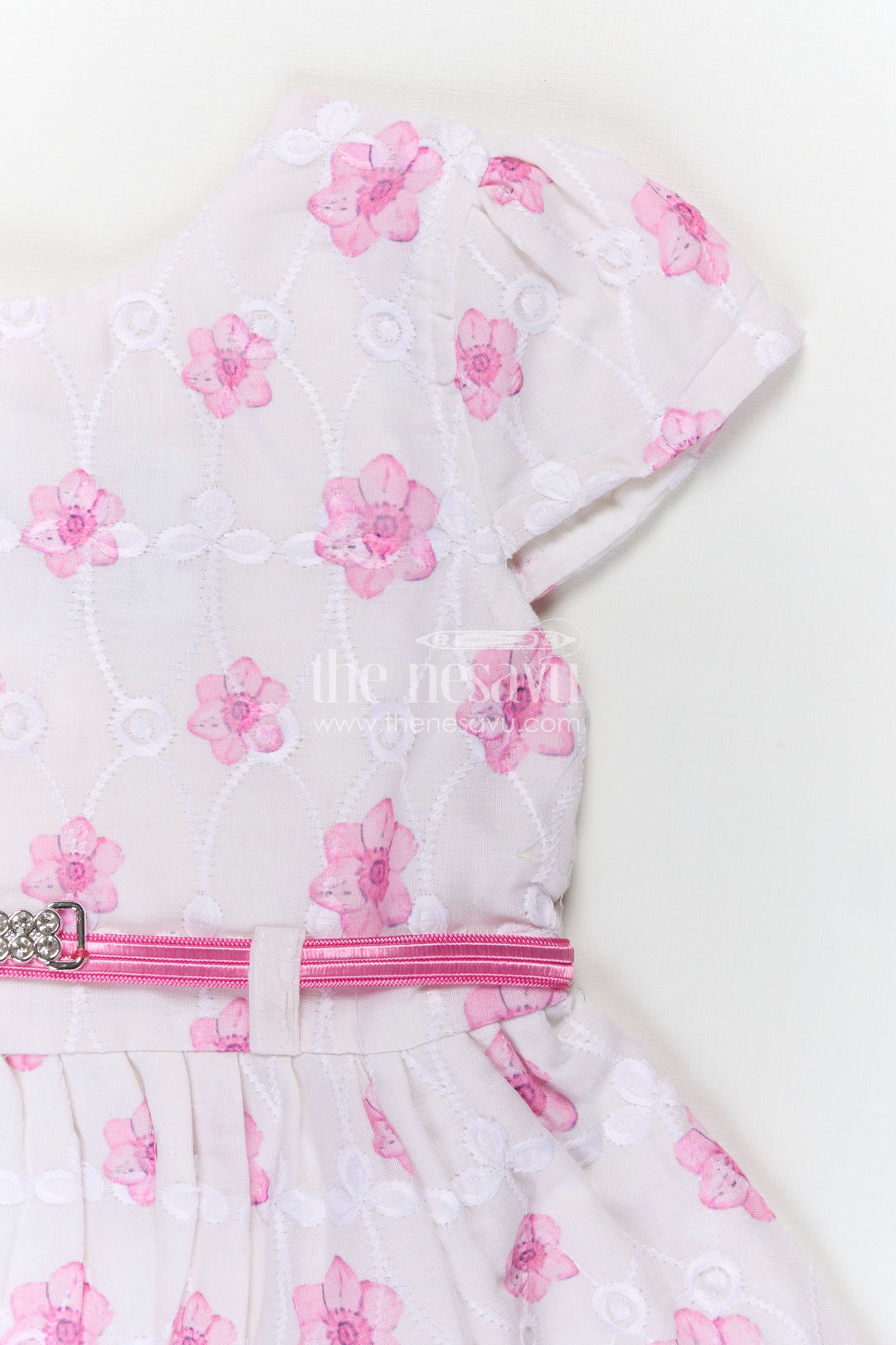 Pink Colour Newborn Outfit in Embroidered Hakoba with Floral Motifs and Satin Waistband