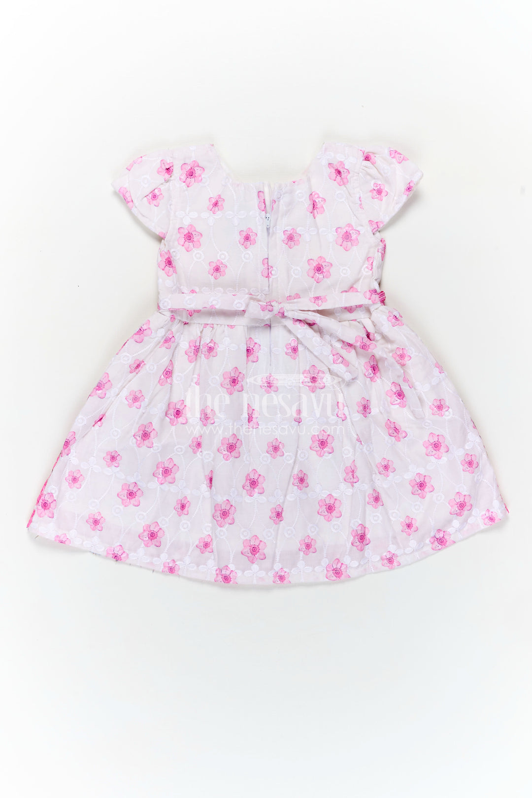 Pink Colour Newborn Outfit in Embroidered Hakoba with Floral Motifs and Satin Waistband