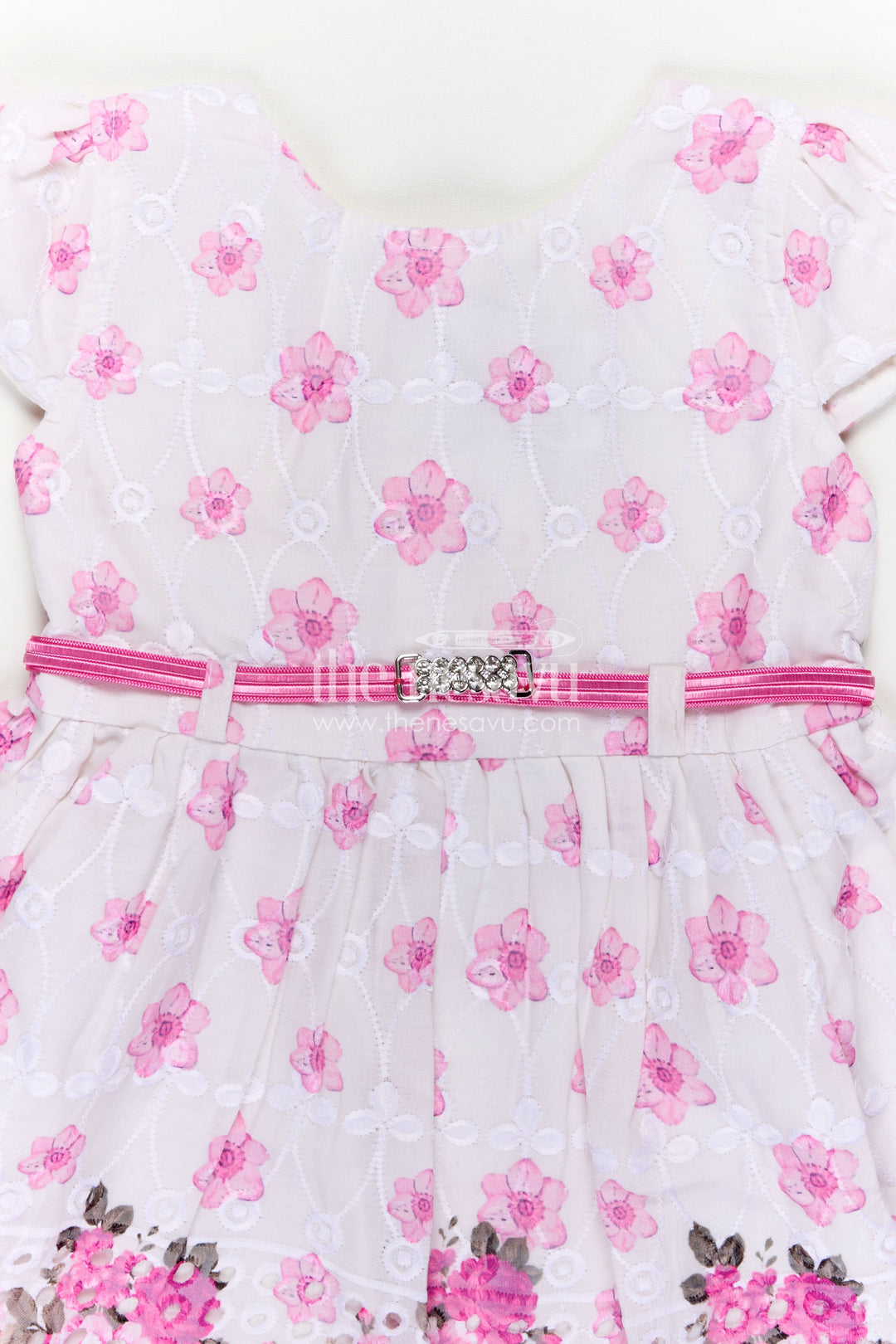 Pink Colour Newborn Outfit in Embroidered Hakoba with Floral Motifs and Satin Waistband