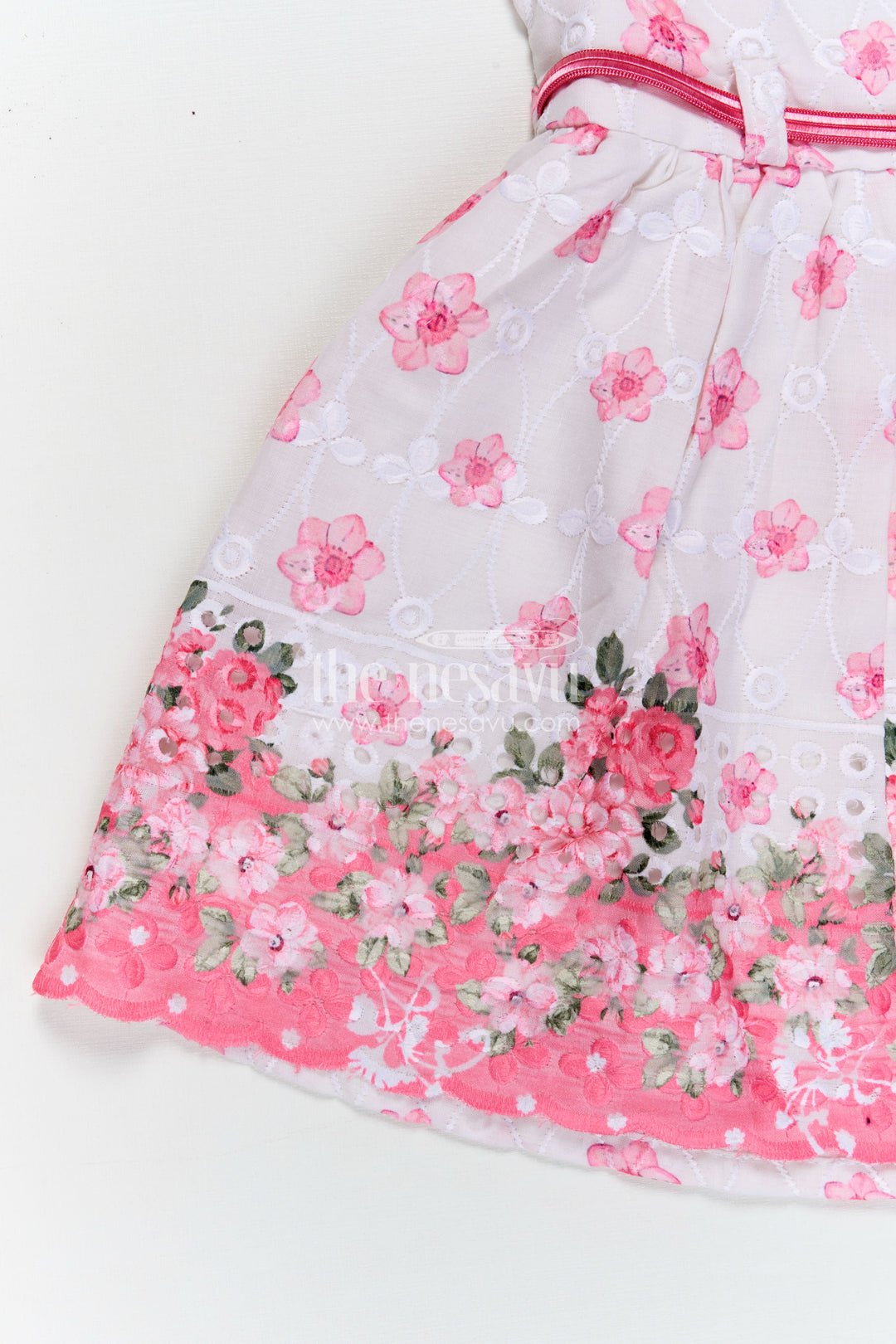 Pinks Baby Outfits in Hakoba Cotton with Floral Embroidery and Satin Belt for Newborn Girls