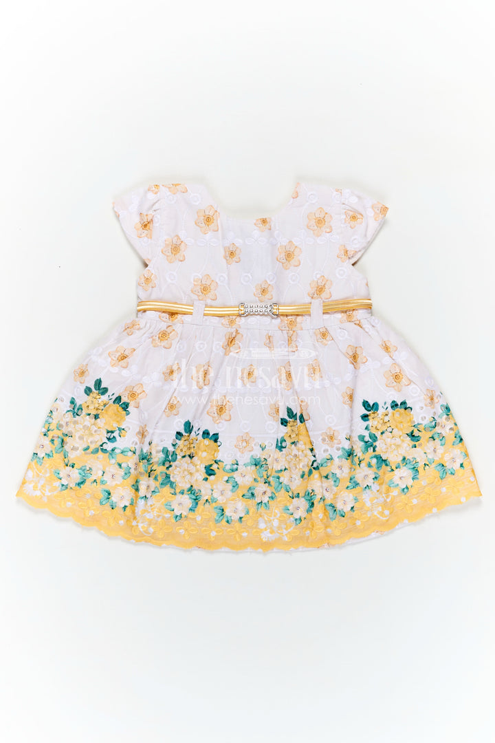 Yellow Newborn Outfit in Hakoba Cotton with Floral Detailing and Rhinestone Belt for Girls
