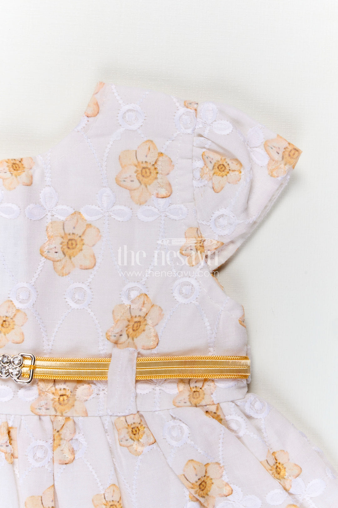 Yellow Newborn Outfit in Hakoba Cotton with Floral Detailing and Rhinestone Belt for Girls