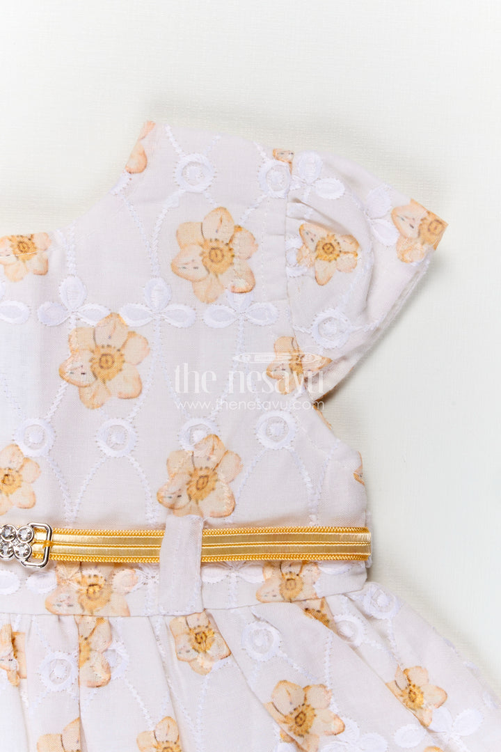 Yellow Newborn Outfit in Hakoba Cotton with Floral Detailing and Rhinestone Belt for Girls