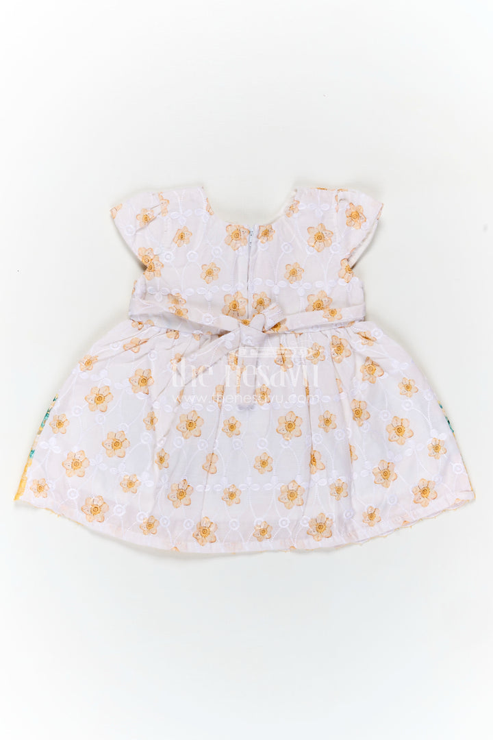 Yellow Newborn Outfit in Hakoba Cotton with Floral Detailing and Rhinestone Belt for Girls