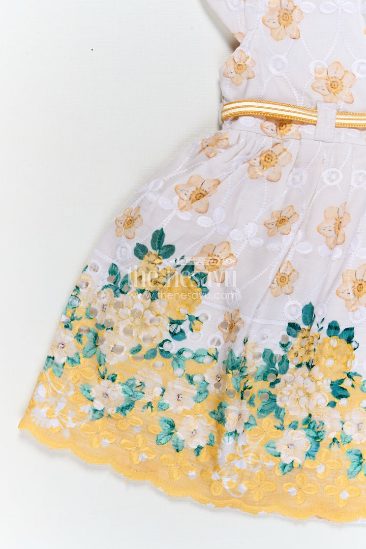 Yellow Newborn Outfit in Hakoba Cotton with Floral Detailing and Rhinestone Belt for Girls