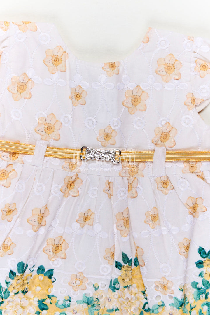 Yellow Newborn Outfit in Hakoba Cotton with Floral Detailing and Rhinestone Belt for Girls