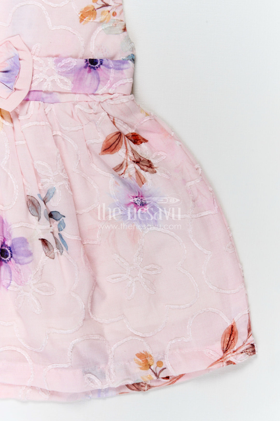 Peach Birthday Frock for Baby Girls in Embroidered Cotton with Pastel Floral Print and Bow
