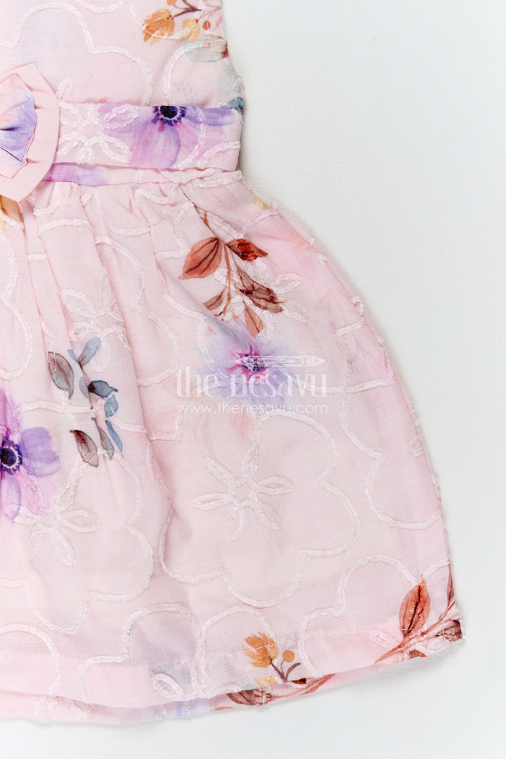Peach Birthday Frock for Baby Girls in Embroidered Cotton with Pastel Floral Print and Bow