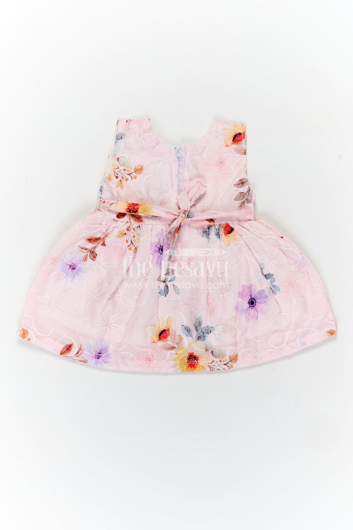 Peach Birthday Frock for Baby Girls in Embroidered Cotton with Pastel Floral Print and Bow