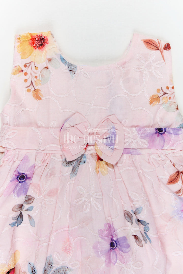 Peach Birthday Frock for Baby Girls in Embroidered Cotton with Pastel Floral Print and Bow