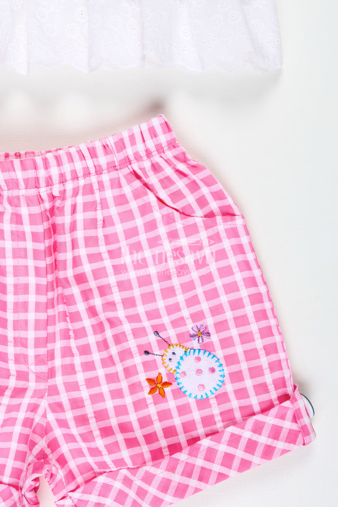 Baby Girl Outfit Checked Shorts With Embroidered Yoke