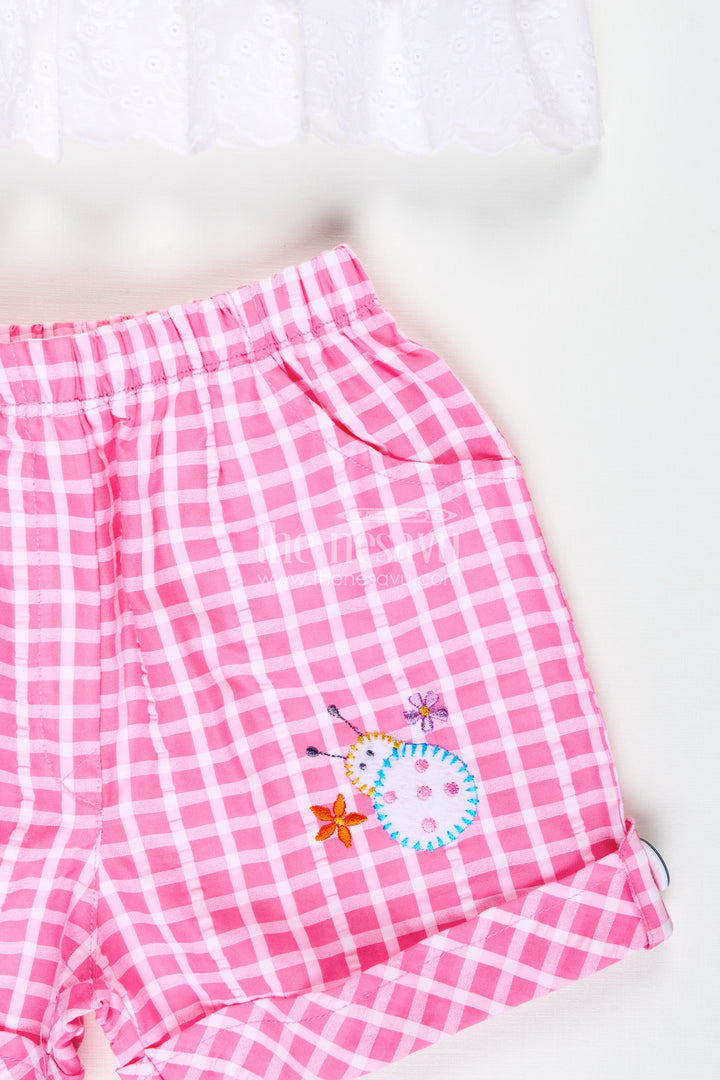 Baby Girl Outfit Checked Shorts With Embroidered Yoke