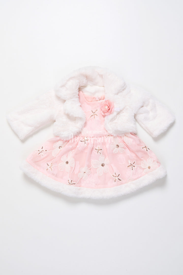 Baby girl chiffon embroidered frock with fur jacket for winter functions