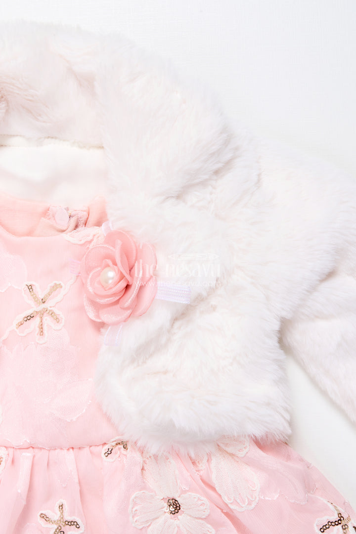 Baby girl chiffon embroidered frock with fur jacket for winter functions