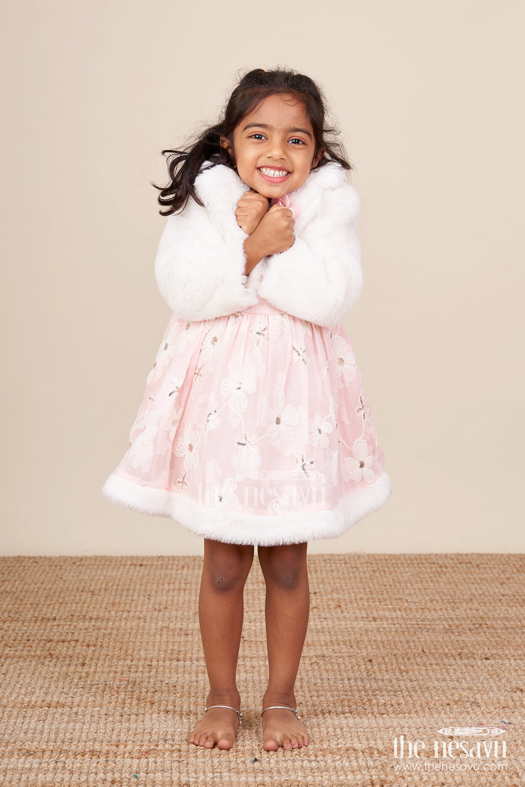 Baby girl chiffon embroidered frock with fur jacket for winter functions