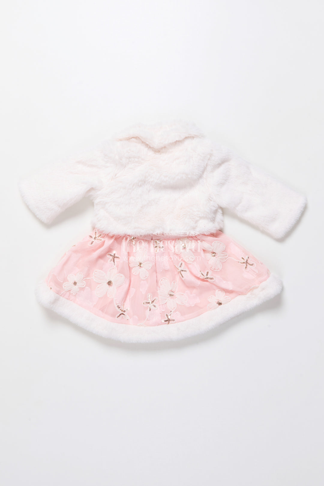 Baby girl chiffon embroidered frock with fur jacket for winter functions