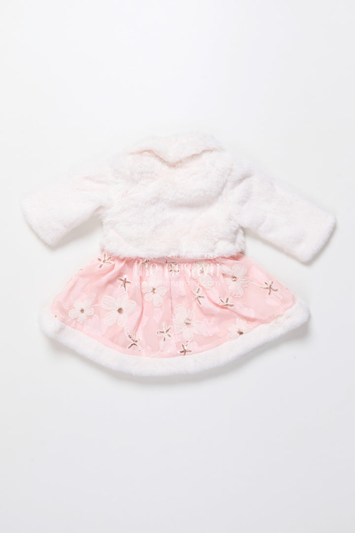 Baby girl chiffon embroidered frock with fur jacket for winter functions