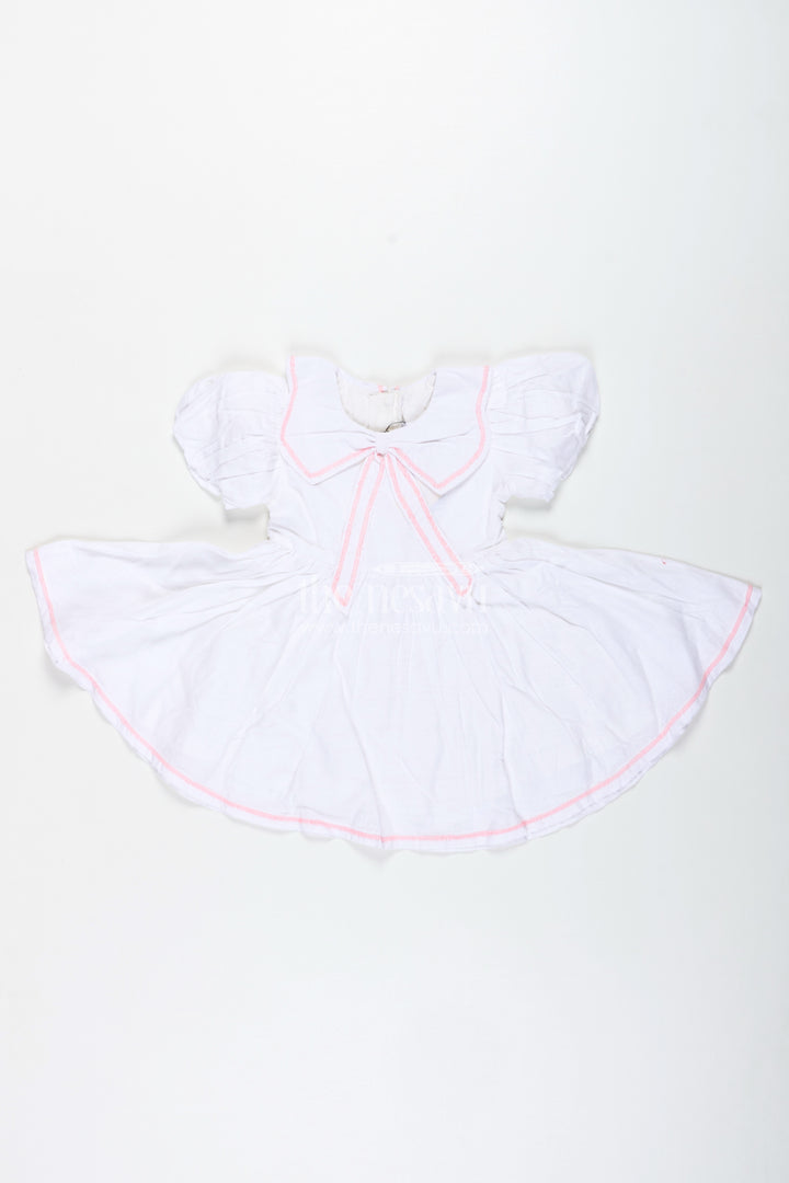 White Baby Girl Cotton Frock With Pink Embroidery Puff Sleeve Dress For Summer Playdates