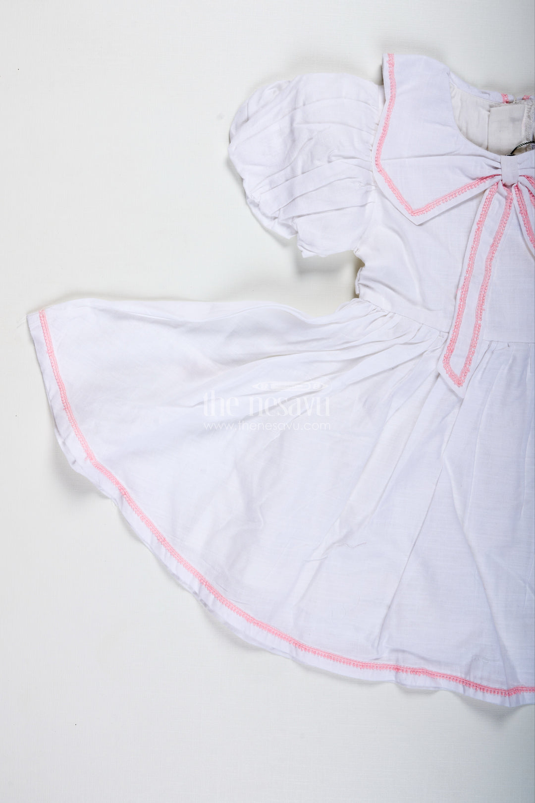 White Baby Girl Cotton Frock With Pink Embroidery Puff Sleeve Dress For Summer Playdates