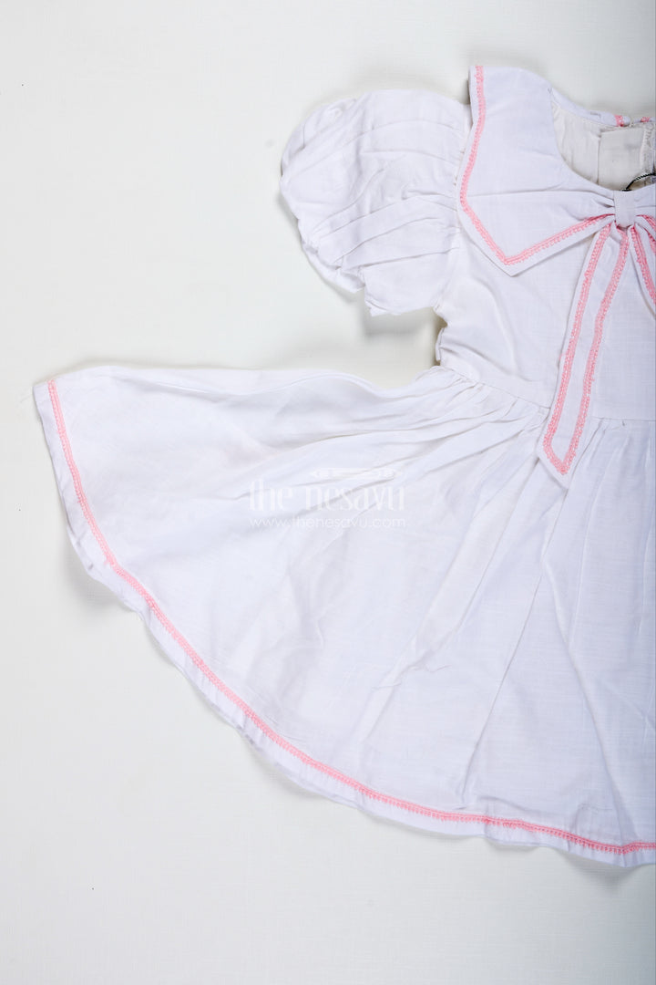 White Baby Girl Cotton Frock With Pink Embroidery Puff Sleeve Dress For Summer Playdates